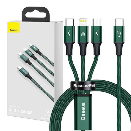 Baseus Rapid Series 3 az 1-ben USB-C kábel, mikro USB / Lightning / USB-C, 20 W, 1,5 m (zöld)