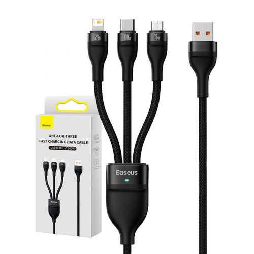 Baseus Flash Series 3 az 1-ben USB-kábel, USB-C + micro USB + Lightning, 100W, 1.2m (fekete)