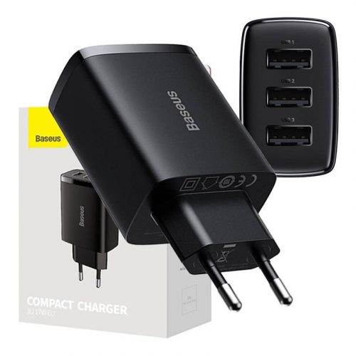 Baseus kompakt gyorstöltő, 3x USB, 17W (Fekete)