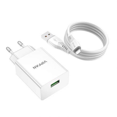 VFAN E03 hálózati töltő, 1x USB, 18W, QC 3.0 + Lightning kábel (fehér)