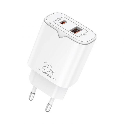 VFAN E08 hálózati töltő, USB + USB-C, 20W PD + QC 3.0 (fehér)