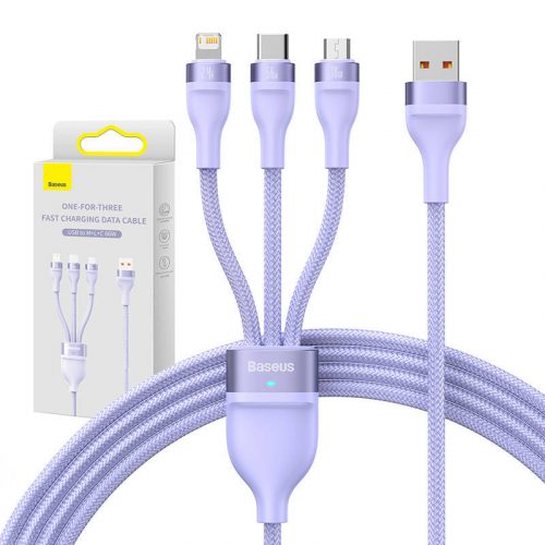 Baseus Flash II 3 az 1-ben USB kábel, USB-C + micro-USB + Lightning, 66W, 1.2m (lila)