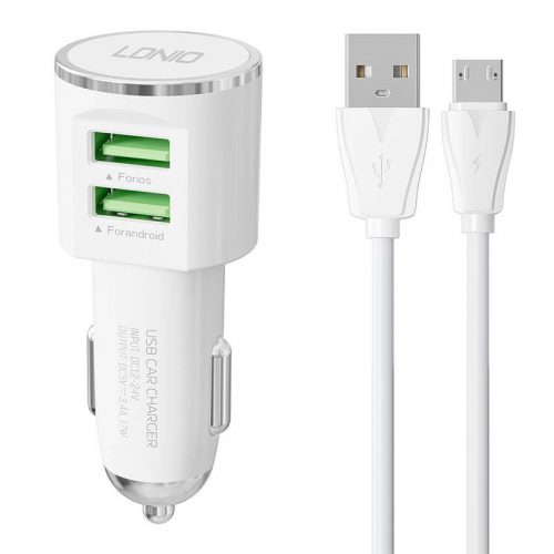 LDNIO DL-C29 autós töltő, 2x USB, 3,4A + Micro USB kábel (fehér)