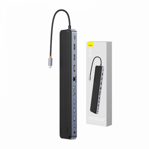 Baseus EliteJoy Gen2 12 az 1-ben HUB, USB-C + 2xHDMI + 3xUSB 3.0 + PD + DP + SD/TF + RJ45 + USB-C, 3.5mm (sötétszürke)