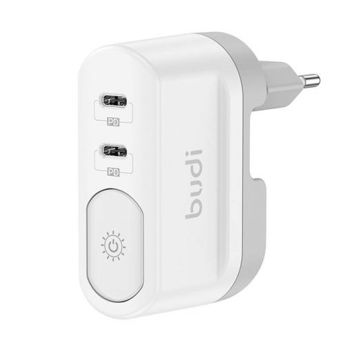 Fali töltő világítással Budi 326DE, 2xUSB-C, 40W, (fehér)