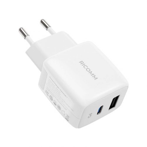 Fali töltő 25W PD Ricomm RC252 EU, 1xUSB-A, 1xUSB-C + 2,1m USB-C kábel