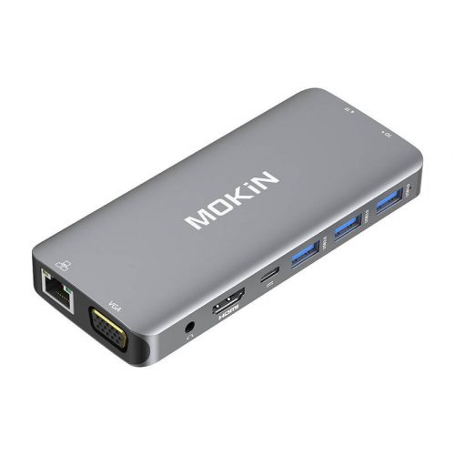 MOKiN 10 az 1-ben adapter Hub USB-C 3x USB 3.0 + USB-C töltés + HDMI + 3.5mm audio + VGA + 2x RJ45 + Micro SD olvasó (ezüst)