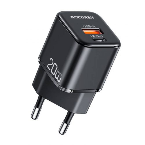 Wall charger MiniGaN Rocoren USB-C, USB, 20W (black)