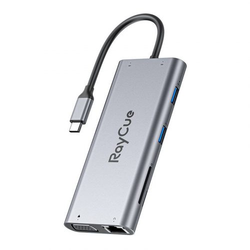 Hub 11w1 RayCue USB-C do 2x USB-A 2.0 480Mbps + 3x USB-A 3.2 5Gbps + SD/TF 3.0 + HDMI 4K30Hz + VGA 1080p + RJ45 + PD 3.0 100W (szükséges)