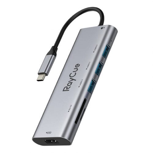 Hub 7in1 RayCue USB-C 3x USB-A 3.0 5Gbps + SD/TF 3.0 + HDMI 4K30Hz + PD 3.0 100W (szürke)