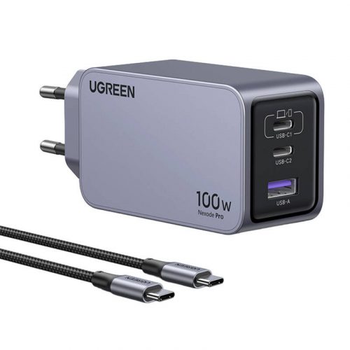 Ugreen Nexode Pro 100W fali töltő, GaN, USB + 2x USB-C (szürke)