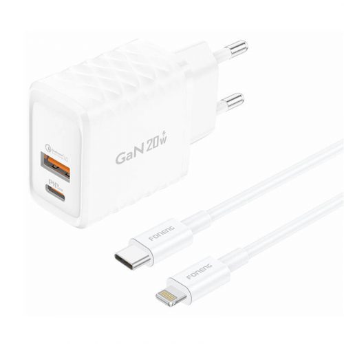 Foneng EU56 1xUSB-A, 1xUSB-C, 20W-os hálózati töltő (fehér) + USB-A Lightning kábelre